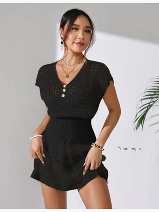 Crochet Mesh Cover Up Mini Dress V Neck Beach Vacation Swimsuit - Picture 4 of 7